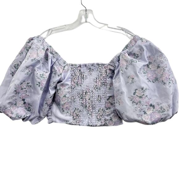 NWT Express Lavender Purple Floral Short Puff Sleeve Ruched Cropped Top Size XS - Picture 9 of 10